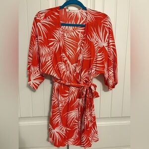 The Impeccable Pig Vibrant Coral and White Leaf Mini Dress